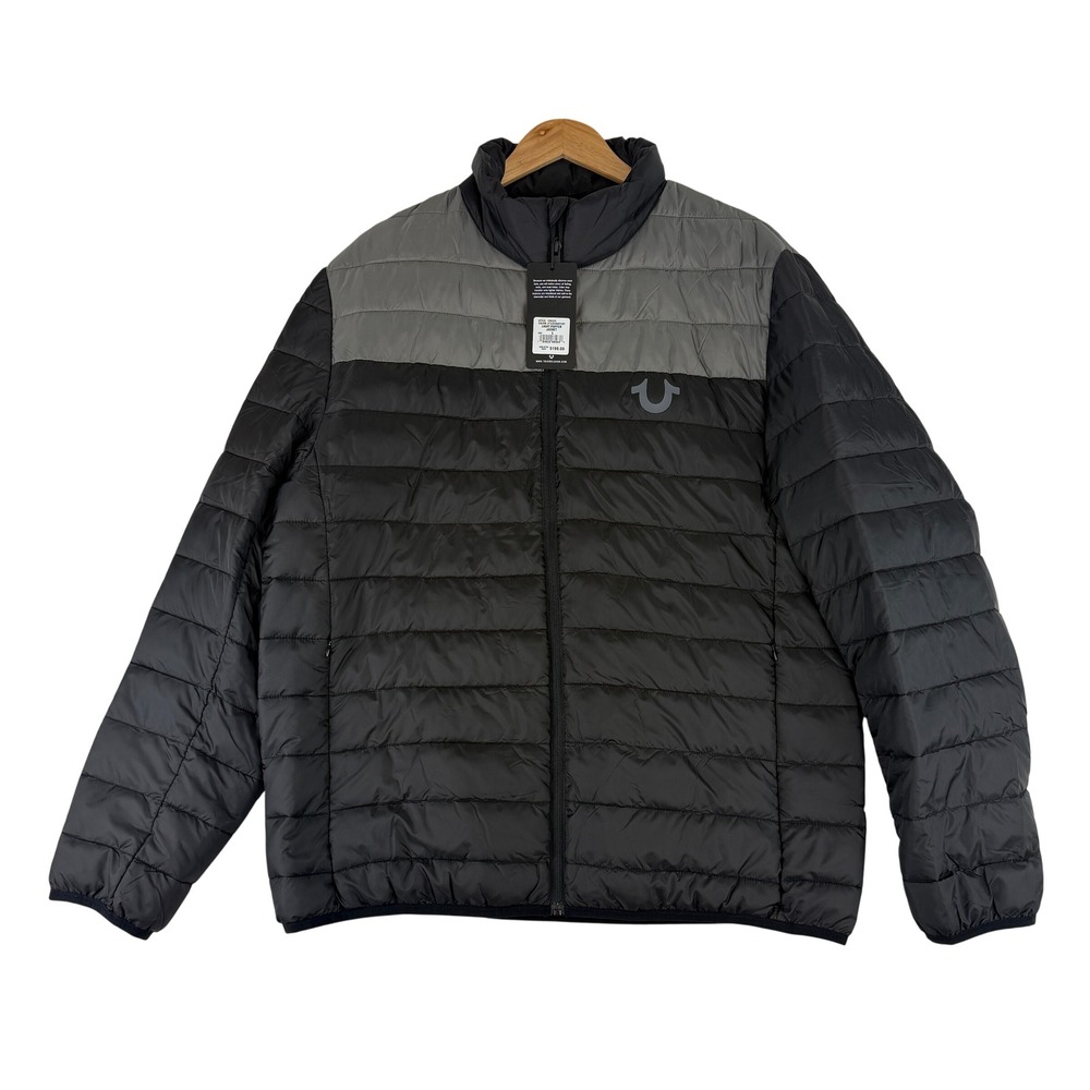 True Religion Light Puffer Jacket Mens Size L Black Grey Colorblock 106325 NWT